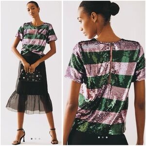 Maeve Sequin Striped Tee - Pink and Green